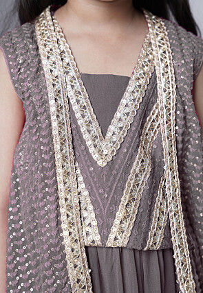 Embroidered Georgette Crop Top Set in Grey