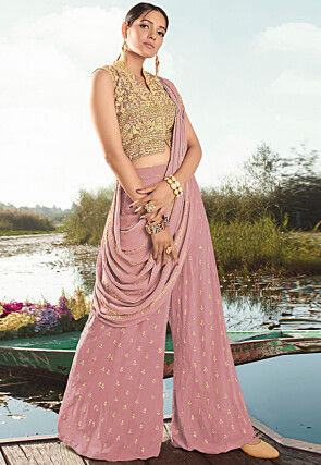 Embroidered Georgette Crop Top Set in Light Purple