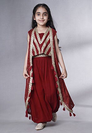 Embroidered Georgette Crop Top Set in Maroon