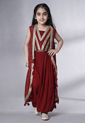 Embroidered Georgette Crop Top Set in Maroon