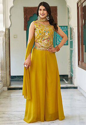 Embroidered Georgette Crop Top Set in Mustard