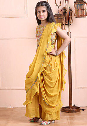 Embroidered Georgette Crop Top Set in Mustard