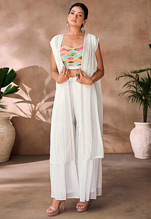 Embroidered Georgette Crop Top Set in Off White