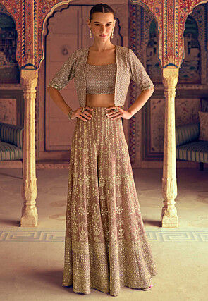 Embroidered Georgette Crop Top Set in Old Rose