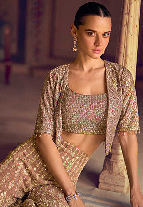 Embroidered Georgette Crop Top Set in Old Rose