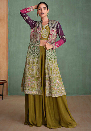 Embroidered Georgette Crop Top Set in Olive Green