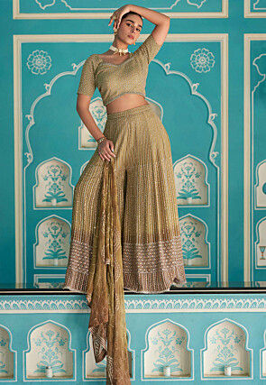 Embroidered Georgette Crop Top Set in Olive Green