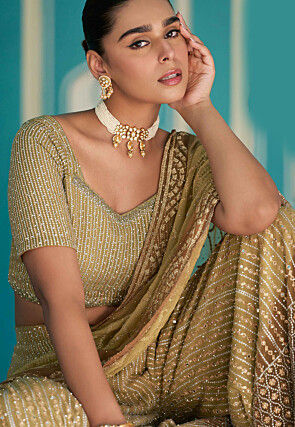 Embroidered Georgette Crop Top Set in Olive Green