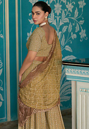 Embroidered Georgette Crop Top Set in Olive Green