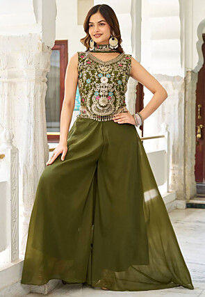 Embroidered Georgette Crop Top Set in Olive Green