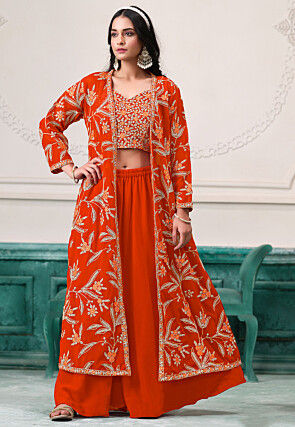 Embroidered Georgette Crop Top Set in Orange
