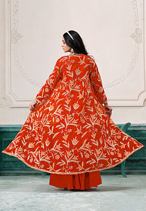 Embroidered Georgette Crop Top Set in Orange