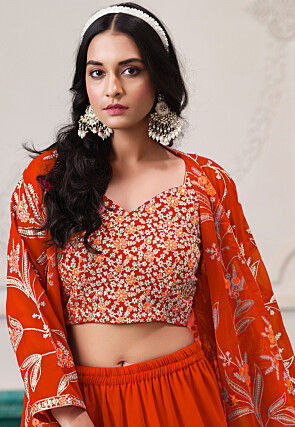 Embroidered Georgette Crop Top Set in Orange