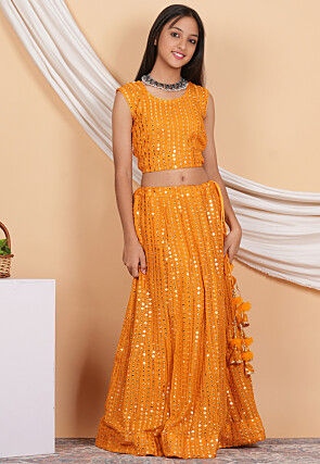 Embroidered Georgette Crop Top Set in Orange