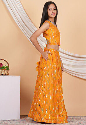 Embroidered Georgette Crop Top Set in Orange