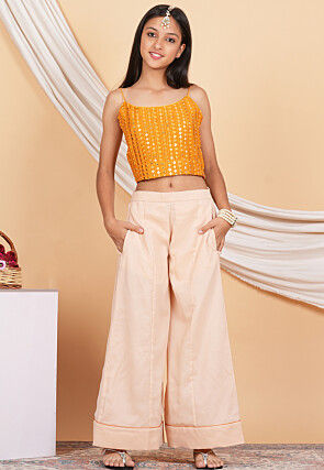Embroidered Georgette Crop Top Set in Orange