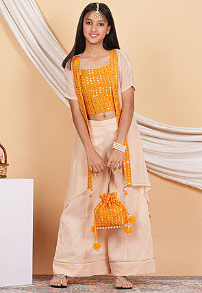 Embroidered Georgette Crop Top Set in Orange