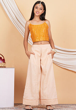 Embroidered Georgette Crop Top Set in Orange