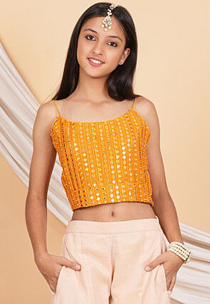 Embroidered Georgette Crop Top Set in Orange