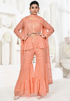 Embroidered Georgette Crop Top Set in Peach