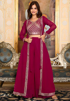 Embroidered Georgette Crop Top Set in Pink