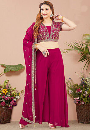 Embroidered Georgette Crop Top Set in Pink
