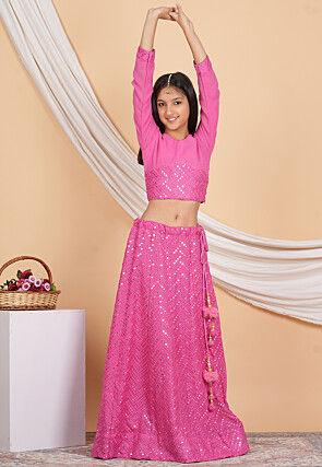 Embroidered Georgette Crop Top Set in Pink