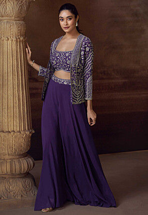 Embroidered Georgette Crop Top Set in Purple