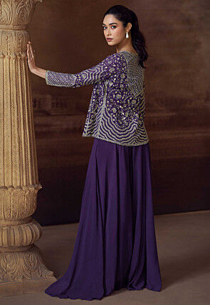 Embroidered Georgette Crop Top Set in Purple