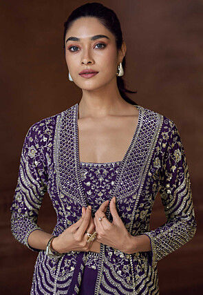 Embroidered Georgette Crop Top Set in Purple