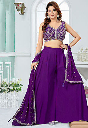 Embroidered Georgette Crop Top Set in Purple
