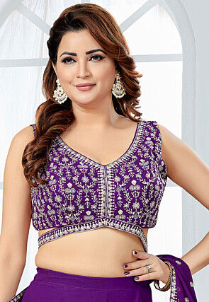 Embroidered Georgette Crop Top Set in Purple