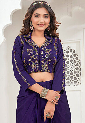 Embroidered Georgette Crop Top Set in Purple