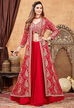 Embroidered Georgette Crop Top Set in Red