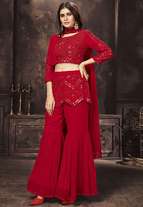 Embroidered Georgette Crop Top Set in Red