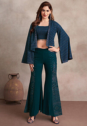 Embroidered Georgette Crop Top Set in Teal Blue