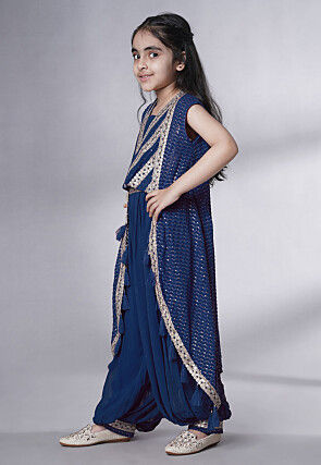 Embroidered Georgette Crop Top Set in Teal Blue