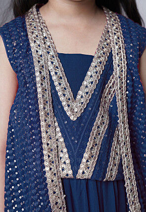 Embroidered Georgette Crop Top Set in Teal Blue