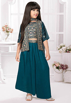 Embroidered Georgette Crop Top Set in Teal Blue