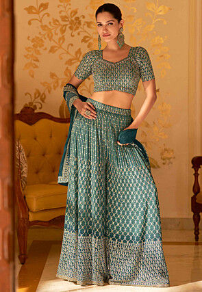 Embroidered Georgette Crop Top Set in Teal Green