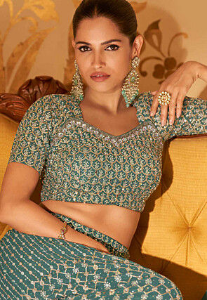 Embroidered Georgette Crop Top Set in Teal Green