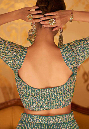 Embroidered Georgette Crop Top Set in Teal Green