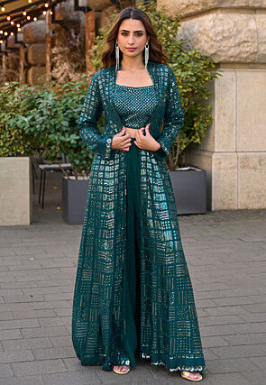 Embroidered Georgette Crop Top Set in Teal Blue