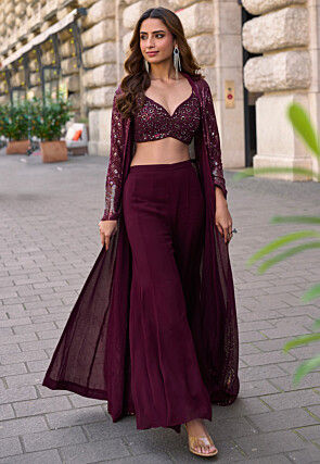 Embroidered Georgette Crop Top Set in Wine