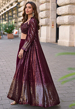 Embroidered Georgette Crop Top Set in Wine