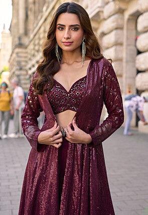 Embroidered Georgette Crop Top Set in Wine