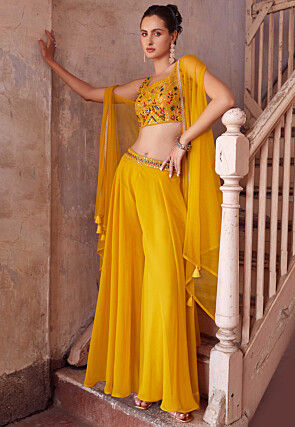 Embroidered Georgette Crop Top Set in Yellow