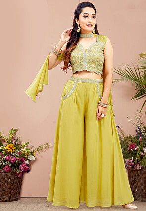 Embroidered Georgette Crop Top Set in Yellow