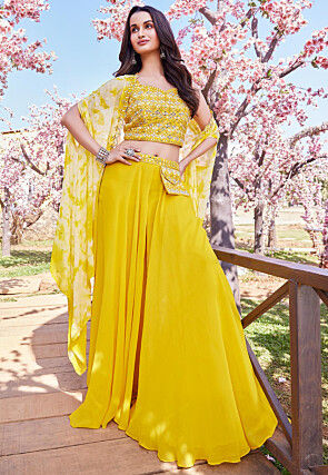 Embroidered Georgette Crop Top Set in Yellow