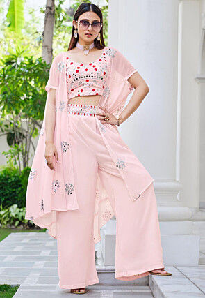 Embroidered Georgette Crop Top Set With Jacket in Baby Pink : TBZ208